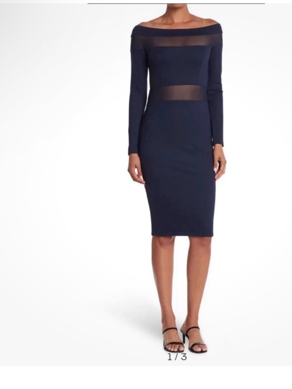 Off-Shoulder Navy Long-Sleeve Sheath Dress with Mesh Insets